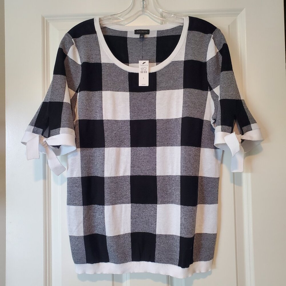 Talbots Black White Buffalo Plaid Tie Sleeve Pullover Sweater Large  - NWT